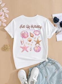 女童活力十足贝壳珍珠蝴蝶结海星印花圆领短袖白色T恤，夏季 - 白色 - 查看 4