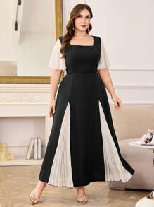 Modelyn Women Plus Size Pleated Panel Short Sleeve Square Neck Casual Dress, Elegant For Commuter Wear