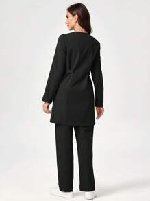 TaskEZ Solid Color Button Front Long Sleeve Pocket Top And Pants Scrub Scrub Uniform Set - Black - View 2