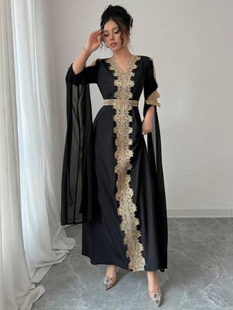 Rafferiza Style Patchwork Extra-Long Sleeve Abaya Robe, Women's Solid Color Lace Trim Long Robe Gown Fall Cloth For Women