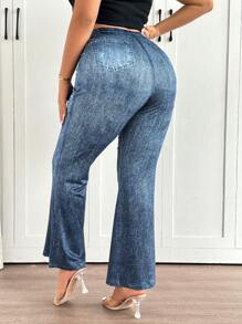 SHEIN Frenchy Plus Size Casual Denim Effect Look Flare Leg Pants - Blue - View 2
