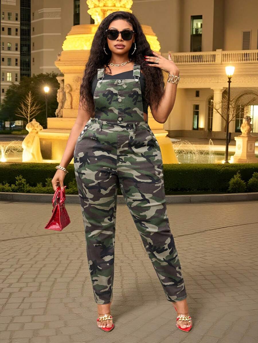 Quần yếm in họa tiết camo co giãn cỡ lớn cho nữ - xanh quân đội - Xem 1