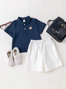 PrepCrw Young Boys Academy Style Navy T-Shirt And White Shorts 2 Pieces Set,Summer School Tops Cute Back To School Outfit Clothes For Teen Boys - Multicolor - View 2