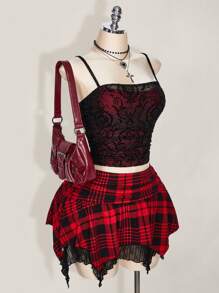 SHEIN ICON Plus Size Colorblock Flocked Punk Hollow Ruffle Camisole, Suitable For Music Festivals, Sexy, Y2K Style - Burgundy - View 5