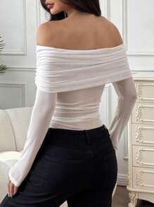 SHEIN EZwear 女士纯色褶皱露肩长袖紧身衣 - 白色 - 查看 2