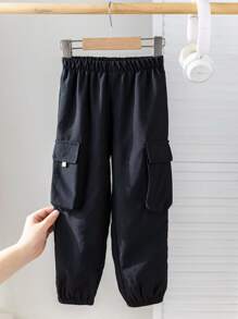SHEIN Young Boys Casual Comfortable Versatile Side Pockets Drawstring Pants, Suitable For Outing And School - Black - View 2