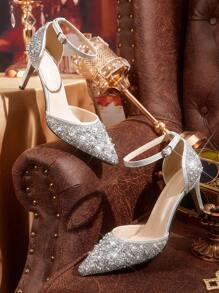 CUCCOO TILAWA Silver Rhinestone Embellished Pointed Toe High Heel Wedding Party Evening Pumps For Christmas - Silver - View 1