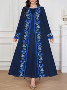 Al Najma 女士优雅简约花卉印花长袍，长袖超长款端庄长袍 - 藏蓝色 - 查看 4