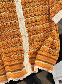 SHEIN LUNE Plus Size Contrast Trim V-Neck Front Button Short Sleeve Lightweight Cardigan - Yellow - View 4