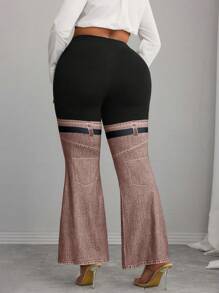 SHEIN Unity Plus Size Women Elegant Knitted Patchwork Denim Effect Print Straight Leg Pants, Suitable For Commuting - Multicolor - View 2