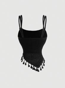 SHEIN MOD Conjunto de 2 piezas con top tipo camisola con borde de flecos en contraste, estilo bohemio, ideal para vacaciones, festivales de música country, salir de fiesta, vestimenta de verano