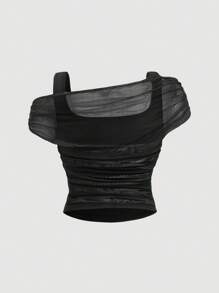 SHEIN MOD 大码露肩印花网眼衬衫搭配网眼鱼尾裙套装，度假装