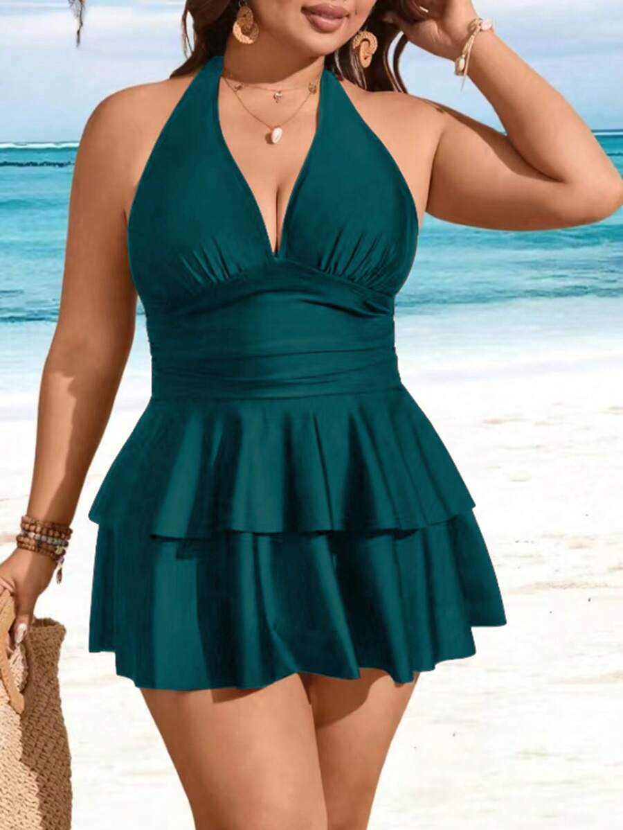 Swim Lushoire Plus Size Solid Color V-Neck Ruffle Multi-Layer Hem Swimwear Dress Two Pieces Set, Fashionable Resort Style For Women For Summer Beach Vacation - Teal Blue - View 1