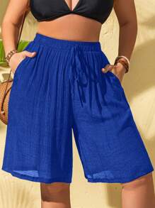 Swim Lushoire Shorts de longitud hasta la rodilla de unicolor con corbata para mujer talla grande con cubridor - azul real - Ver 4