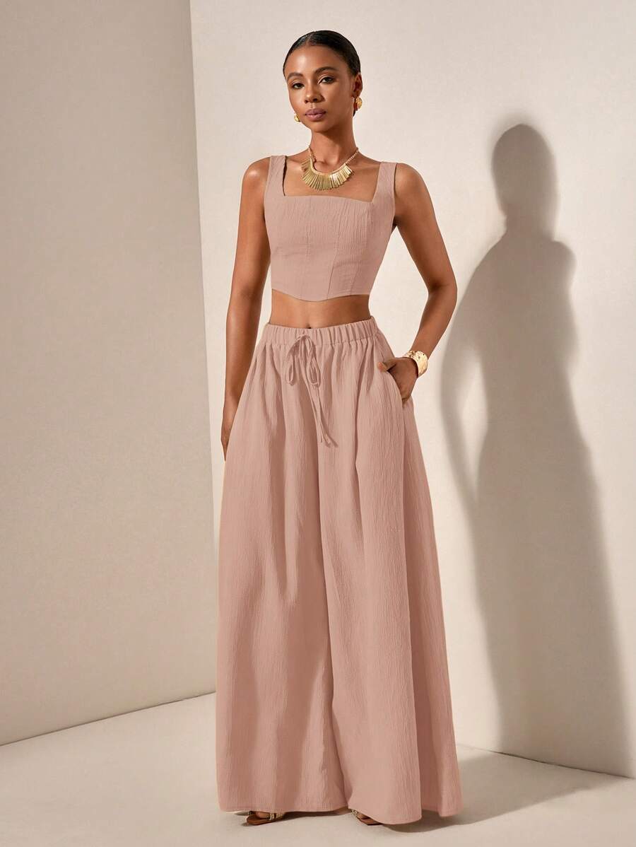 Zivah New Spring & Summer Vacation Loose Fishbone Strap Top And Wide Leg Pants With Pocket 2Pcs Textured Set - B - Dusty Pink - View 1