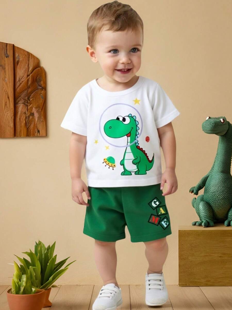 SHEIN Playful Pals Baby Boys Casual Cute Cartoon Dinosaur Graphic Print Short Sleeve T-Shirt And Shorts 2 Pieces Set