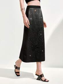 SHEIN LUNE Women's Black Long Woven Fabric Skirt With Rhinestone Embellishments Fall Cloth For Women - Black - View 5