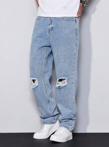 Manfinity Homme Men's Casual Modern Light Wash Denim Jeans With Ripped Knees And Zipper Details Going Out Urban Hang Out Vacation College - Light Wash - View 7