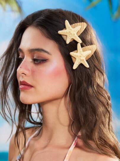 2pcs Sexy Beach Vibe Starfish Woven Hair Clips, Unique Design Fashion Ocean Element Hair Accessories Claw Clips Hair Slide Hair Barrettes