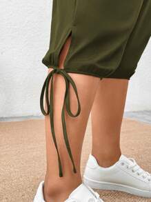 SHEIN LUNE Plus Size Women's Casual Solid Color Slant Pocket 3/4 Pants - Olive Green - View 5