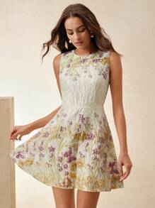 Anewsta 优雅花卉印花纹理腰部浪漫度假无袖连衣裙，适合约会、派对、情人节、夏季、新年 - 紫色 - 查看 5