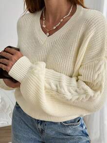 EURMUSE Casual Cable Knit Combined With Texture Knit Drop Shoulder Balloon Sleeve Sweater,Jumper,Jumpers For Women,Cream Jumper,Jumpers,Christmas Jumper,White Jumper,Black Jumper,Ladies Jumper,Women's Jumpers - Cream - View 5