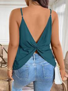 EMERY ROSE Plus Size Women Solid Color Back Twist Spaghetti Strap Tank Top - Teal Blue - View 2