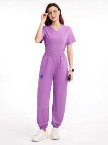 Scrubzie Conjunto Uniforme de Scrub Cor Sólida com Top de Manga Curta e Calça