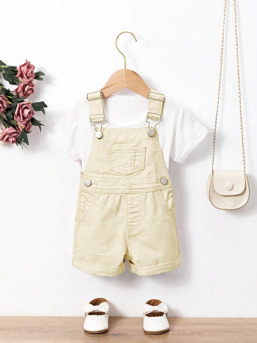 Baby Girl Cute Curled Edge Washed Denim Bib Shorts - Apricot - View 1