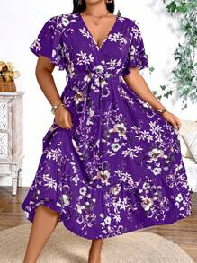 EMERY ROSE Plus Size Holiday Floral Print Dress Maxi Women Outfit - Violet Purple - View 4