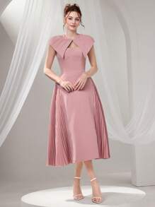 Poshira Elegante abito formale plissettato tinta unita (ricamato pesante), abito da laurea, abito formale da donna taglio lungo, design con perline e paillettes, abito sospensivo estivo da donna per feste, balli e laurea - Rosa - Visualizzare 2