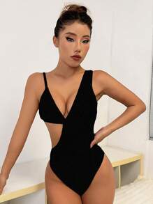 Swim SXY Solid Color Cutout Monokini Swimsuit, Sexy For Vacation & Beach For Summer - Black - View 4