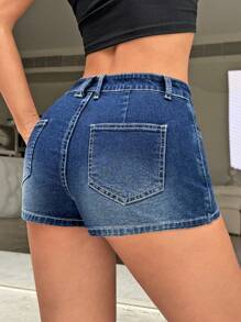 SHEIN PETITE Women's Blue Denim Shorts Skinny Stretch Culottes Music Festival Outfits