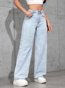 SHEIN PETITE Casual Washed Loose Straight Leg Jeans
