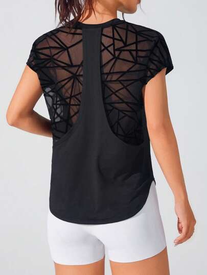 Easithlete See-Through Flocked Mesh Patchwork Short Sleeve Sports T-Shirt Gym Women Shirts