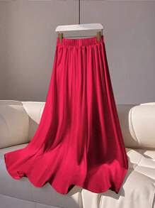 SHEIN PETITE French Elegant A-Line Satin Skirt, Fashionable Fall Cloth For Women - Burgundy - View 2