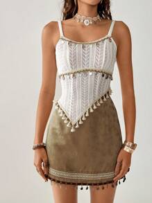 Florisole 2pcs/Set Summer Casual Pendant Decor Spaghetti Strap Jacquard Skirt Set - White - View 6