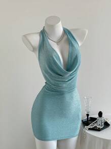 Elamini 女士闪亮亮片深 V 领细肩带迷你连衣裙，浅蓝色，春夏假期 - 藍色 - 查看 5