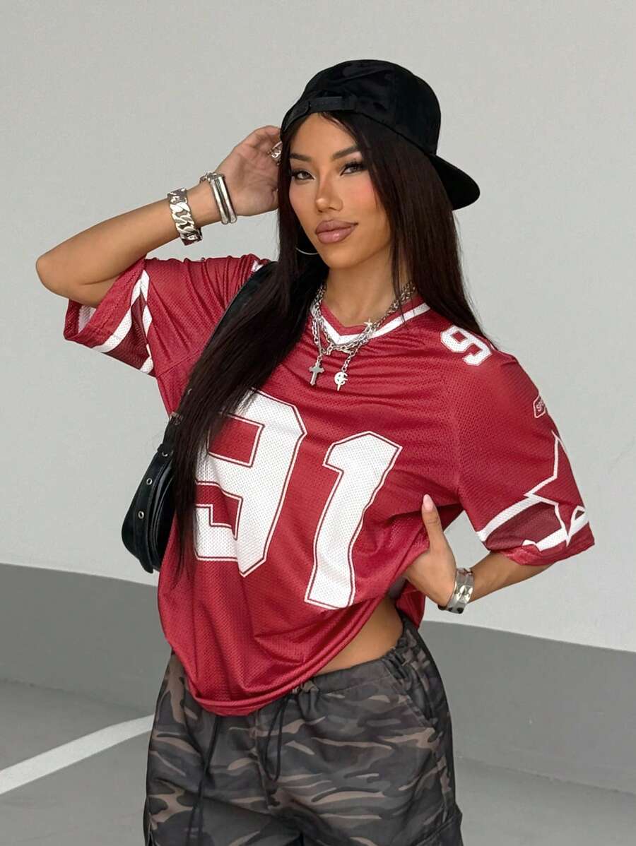 Flirla 女士数字印花短袖网眼拼色宽松运动 T 恤，春夏图案 T 恤女式上衣