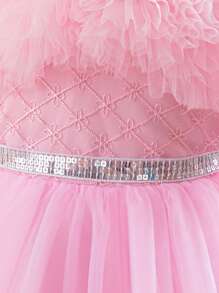 SHEIN Young Girl Elegant Fluffy Off Shoulder Long Princess Tulle Dress, Suitable For Birthday Party, Wedding, Festival, Performance - Pink - View 4