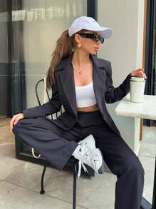 EURMUSE Lapel Neck Single Button Blazer & Suit Pants - Black - View 6