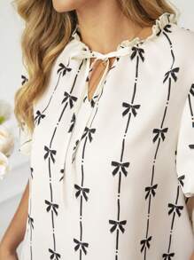 KURAYIA Plus Size Tie Collar Bow Print Lantern Sleeve Blouse - Apricot - View 7