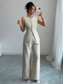 Elenzga Set de 2 piezas de talla grande, camiseta sin mangas con botones delanteros y pantalones minimalistas de verano para uso diario