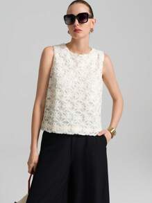 Ontre 女士四季白色立体花卉背心，简约无袖圆领背心，时尚极简背心 - 杏色 - 查看 4