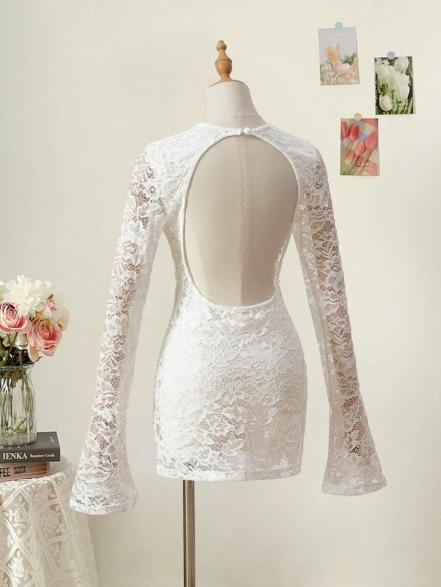 SHEIN MOD 圆领喇叭袖蕾丝海滩罩衫，带低胸后背 - 白色 - 查看 1