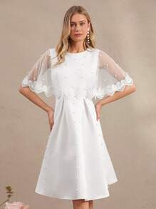 Amorya Vestito elegante da donna con applicazioni in pizzo, mantella aderente e decorazioni in perle di raso, adatto per matrimoni