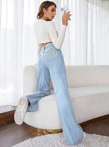 SHEIN Frenchy Casual Everyday Floral Embroidery Slant Pocket Washed Denim Pants Winter Chic