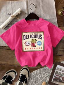 SHEIN 3pcs/Set Casual Minimalist Cartoon Pattern T-Shirts For Young Girls, Suitable For Summer