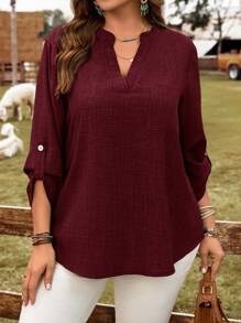 Rusticease 大码女式纯色深V领卷袖休闲衬衫