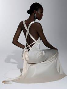 SHEIN Belle Elegant, Romantic, Sexy, Simple, Dignified, Champagne Color, Satin, Elastic, Suspender Tube Top, Chest Cup, Backless, Lace-Up Decoration, Fishtail Skirt, Tail Fashion, Internet Celebrity, Festival, Vacation, Birthday Party, Wedding Event, Bridesmaid Dress - Champagne - View 7